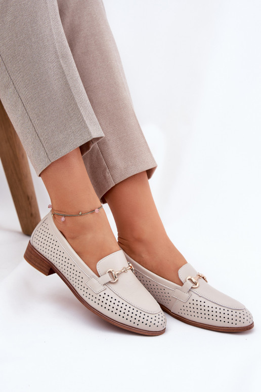 Leather Women's Moccasins With Decoration On Flat Heel Beige S.Barski LR51-588