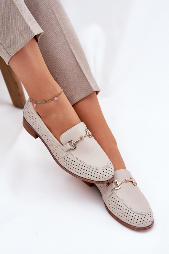 Leather Women's Moccasins With Decoration On Flat Heel Beige S.Barski LR51-588