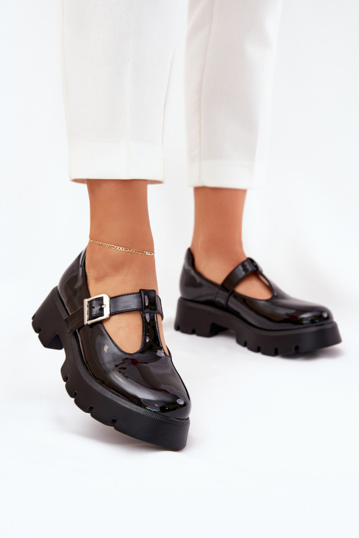 Lacquered Women's Loafers With Buckle On Platform And Flat Heel Black Venda
