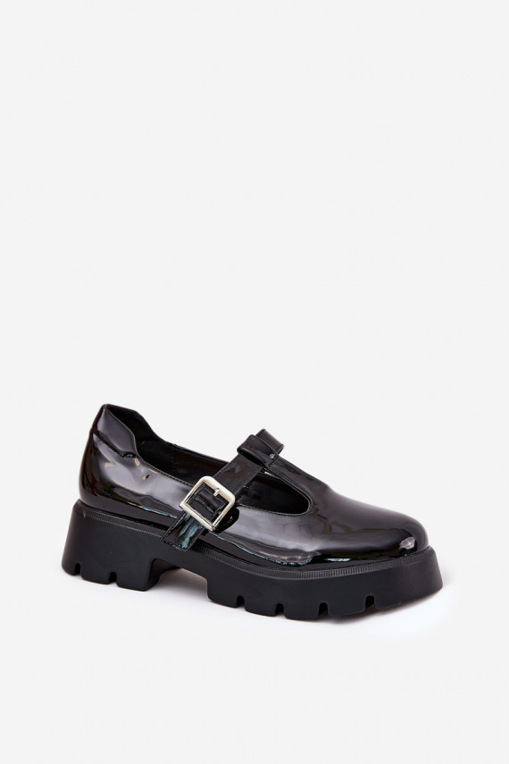 Lacquered Women's Loafers With Buckle On Platform And Flat Heel Black Venda