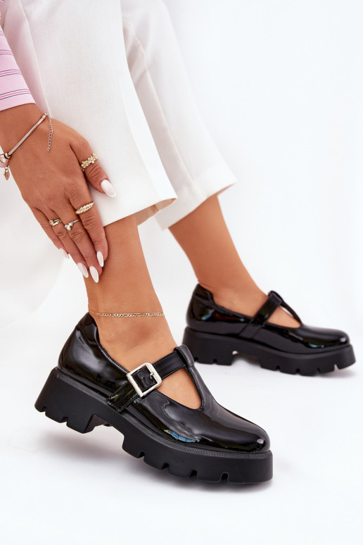 Lacquered Women's Loafers With Buckle On Platform And Flat Heel Black Venda