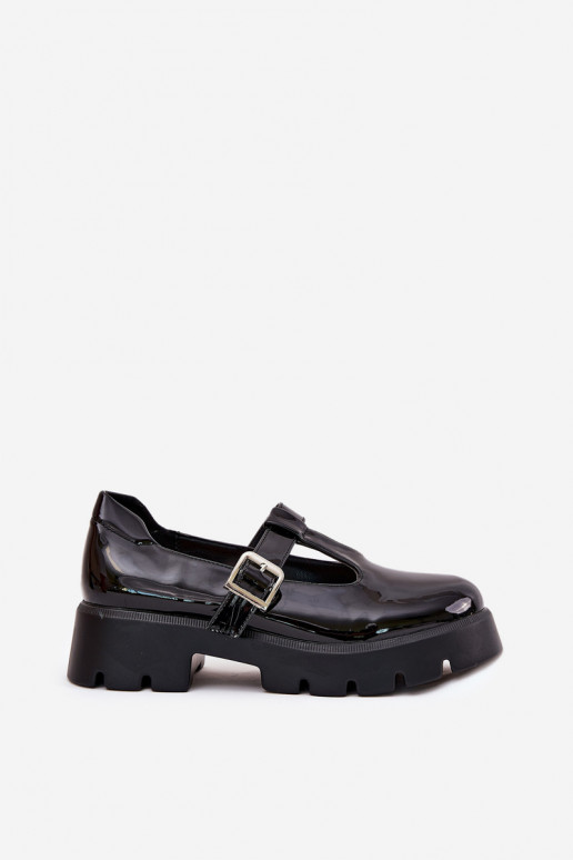 Lacquered Women's Loafers With Buckle On Platform And Flat Heel Black Venda