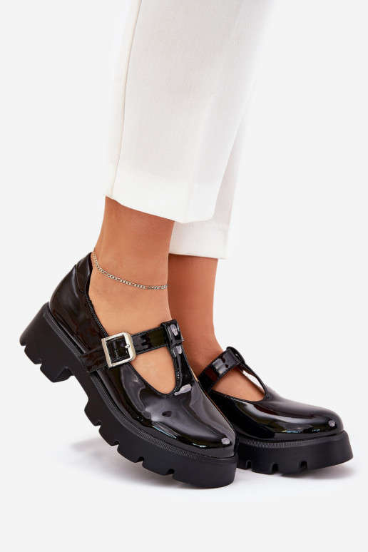 Lacquered Women's Loafers With Buckle On Platform And Flat Heel Black Venda