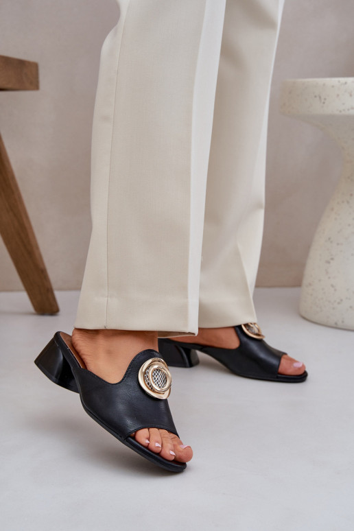 Elegant Women's Slippers On A Low Heel With Decoration Black Feledis