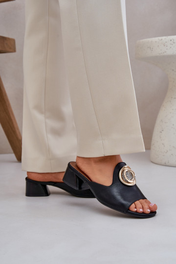 Elegant Women's Slippers On A Low Heel With Decoration Black Feledis 2