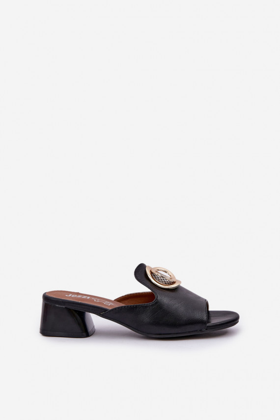 Elegant Women's Slippers On A Low Heel With Decoration Black Feledis
