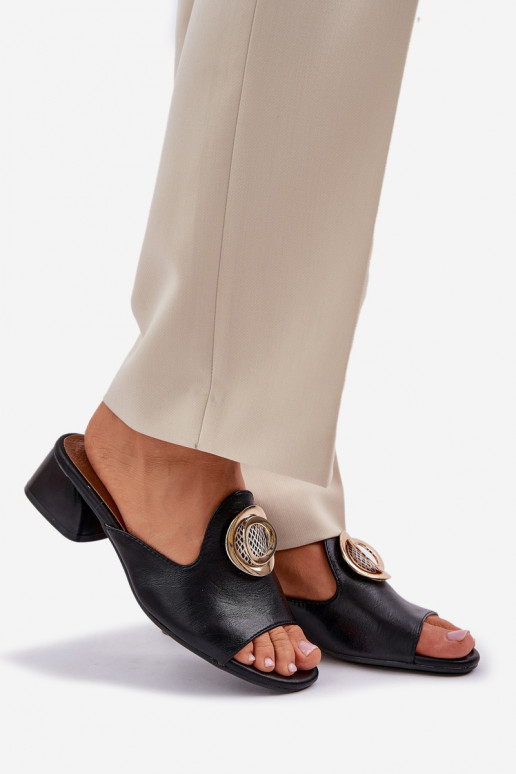 Elegant Women's Slippers On A Low Heel With Decoration Black Feledis