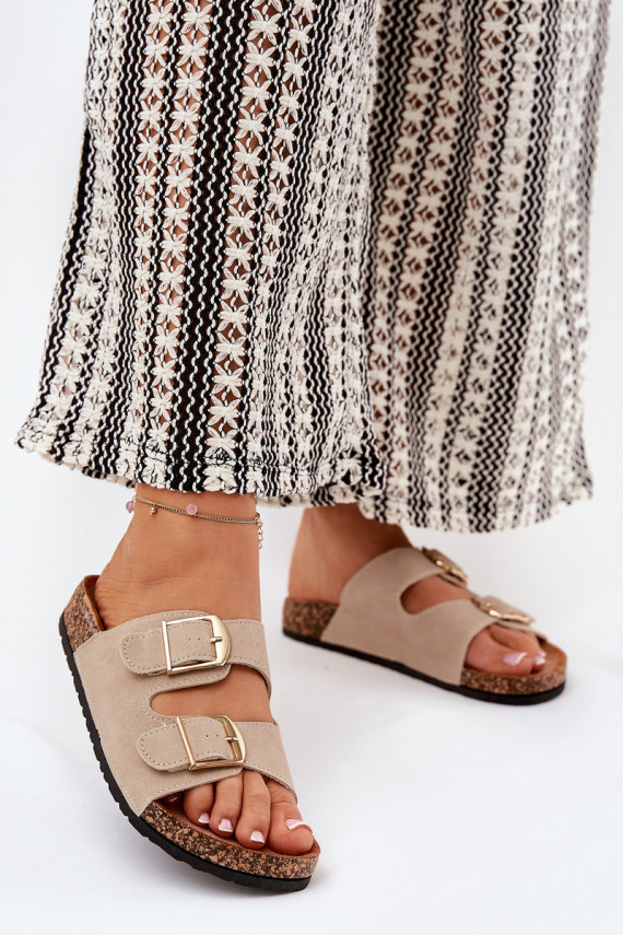 Women Sandals On Cork Platform With Golden Buckles Beige Lisavionea