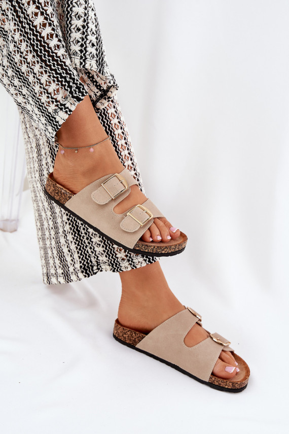 Women Sandals On Cork Platform With Golden Buckles Beige Lisavionea