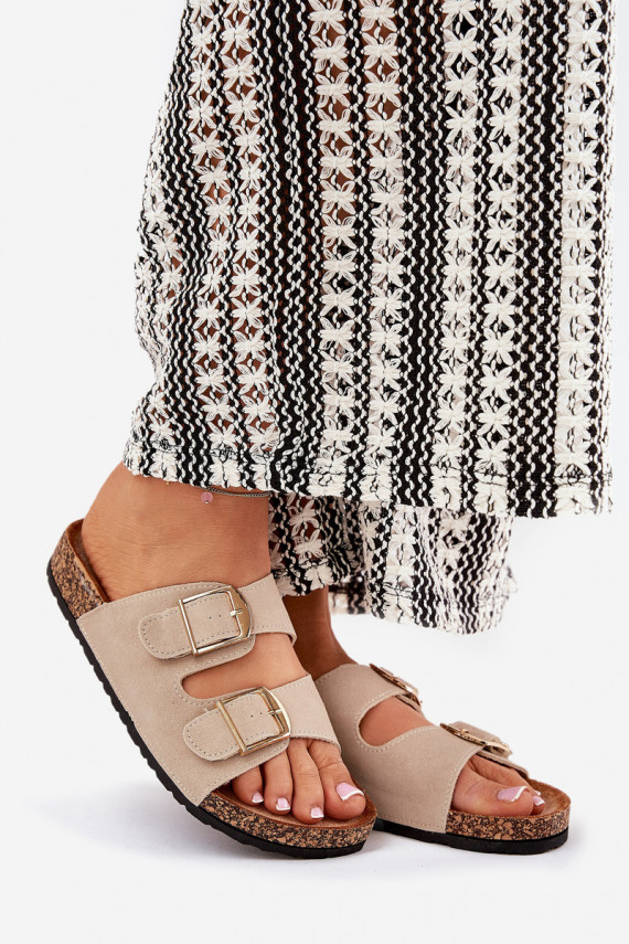 Women Sandals On Cork Platform With Golden Buckles Beige Lisavionea