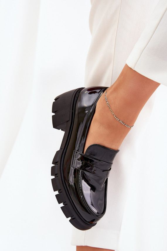Lacquered Women's Half Shoes On Chunky Heel Black Felonith