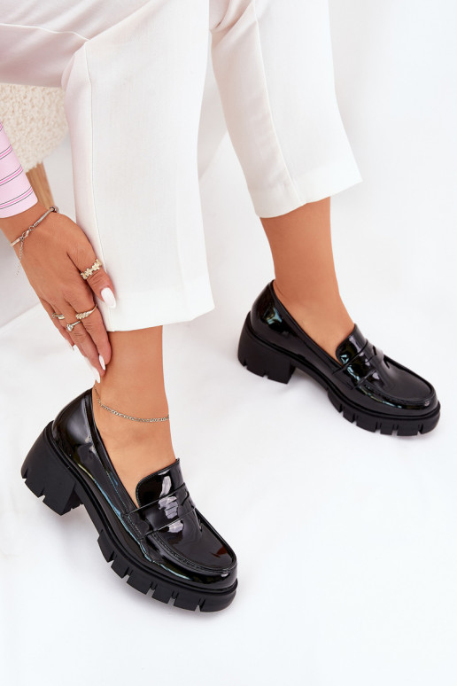 Lacquered Women's Half Shoes On Chunky Heel Black Felonith