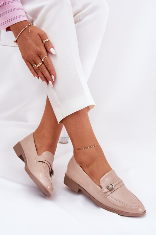 Lacquered Women's Moccasins With Decorative Buckle Beige Mollan