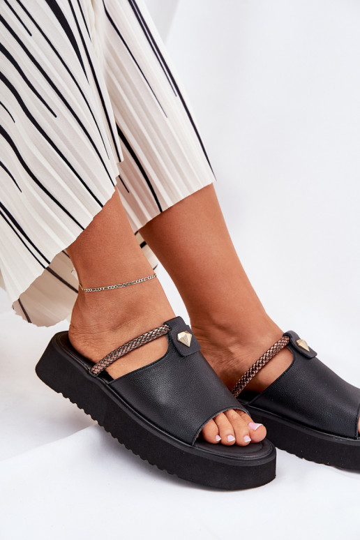 Leather Ladies Platform Slippers With Decorative Strap D&A MK51-475 Black