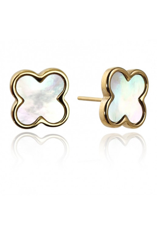 Stainless steel earrings platerowane cover with gold, Koniczynka masa perłowa KST3388