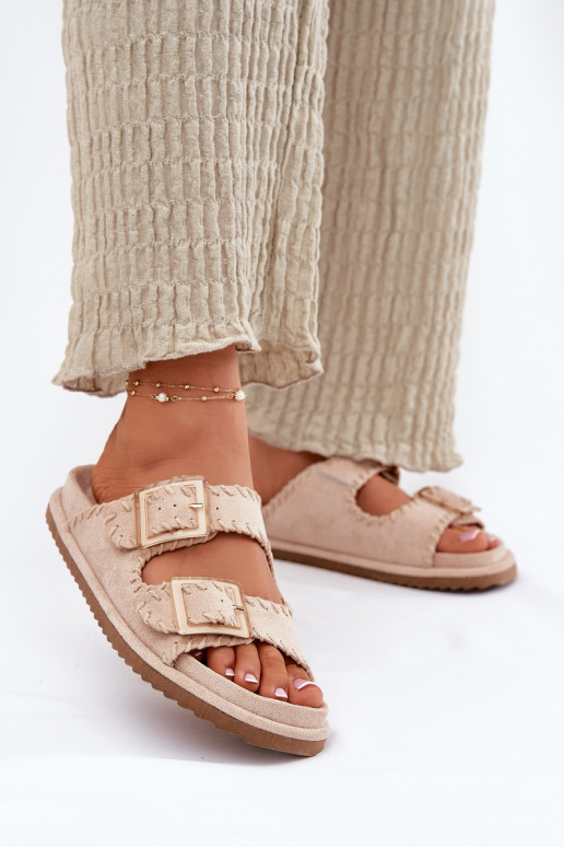 Women's Sandals With Buckles And Decorative Stitching Beige Visley