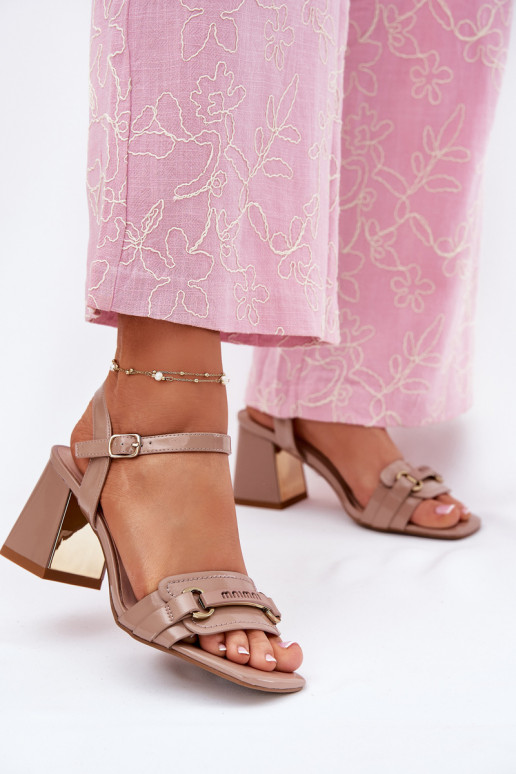 Leather patent women's sandals on heel beige Mevonelle
