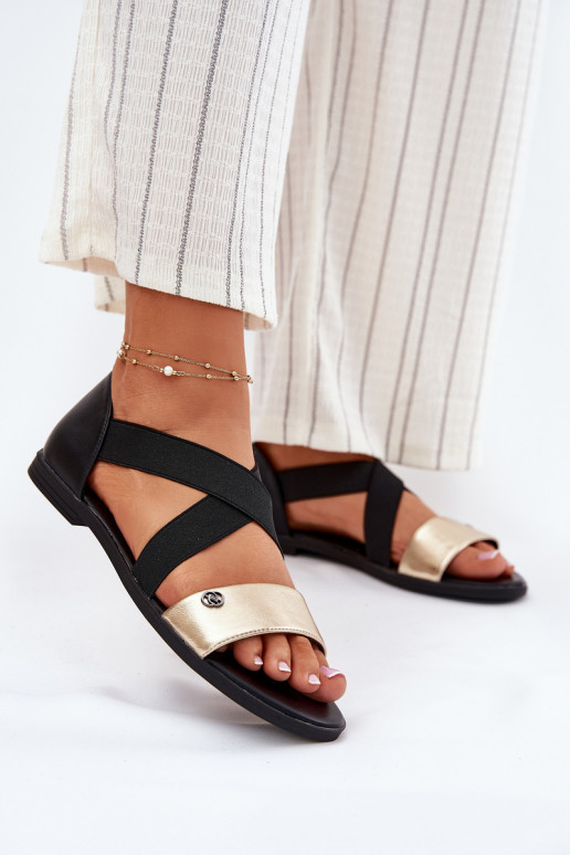 Women's Flat Sandals With Elastic Straps Black-Gold Marinea