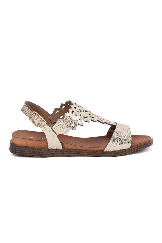 gold color sandals z ażurowymi zdobieniami