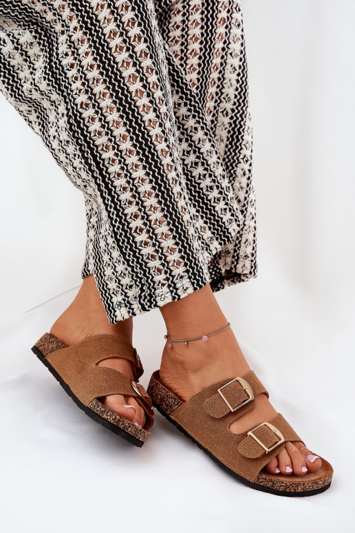 Women's Clogs On Cork Platform With Golden Buckles Camel Lisavionea