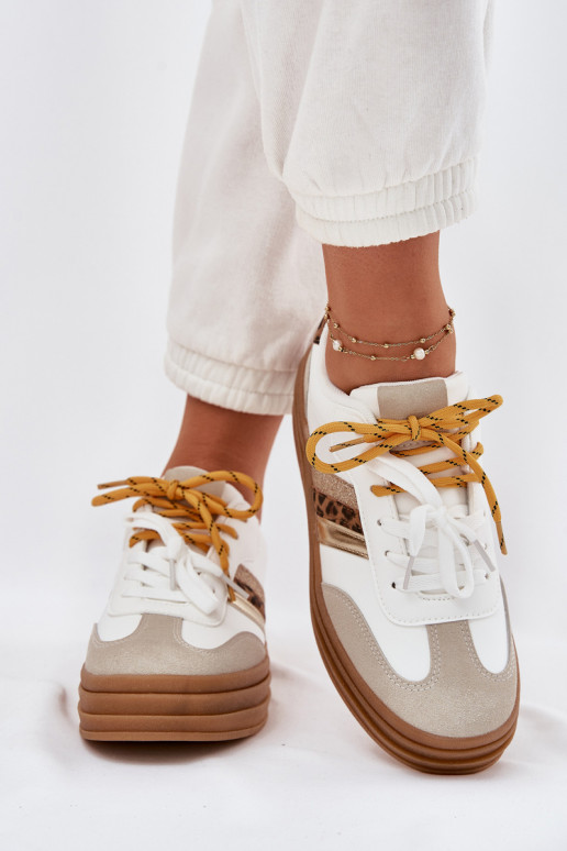 Womens Platform Sneakers With Double Lacing Leopard Print White Niteria