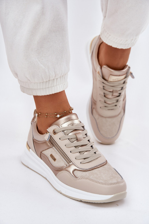 Leather Sports Shoes Sneakers Women With Zipper Beige Lilimia