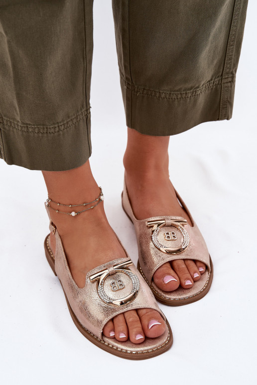 Elegant Sandals With Decoration On Flat Heel S.Barski KV51-003 Rose Gold