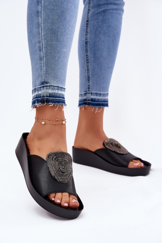 Leather Ladies Slippers With Decoration KV51-028 Black