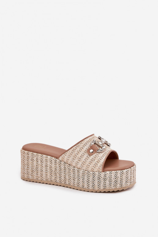 Women's Wedge Sandals With Braiding And Decoration Beige Isolene