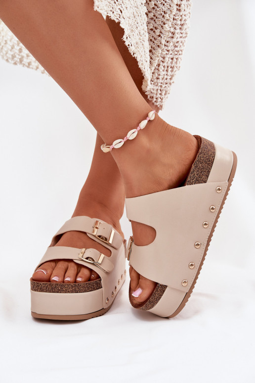 Women's Sandals With Buckles On A Chunky Platform Beige Odisene