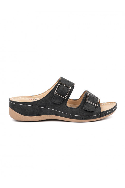 sandals on a low wedge with buckles black