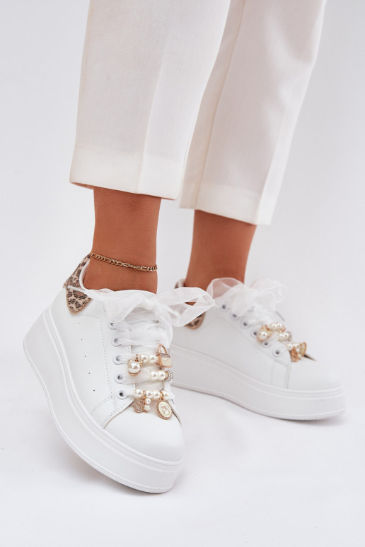 Women's Platform Sneakers With Rhinestones White Panther Ocerdia