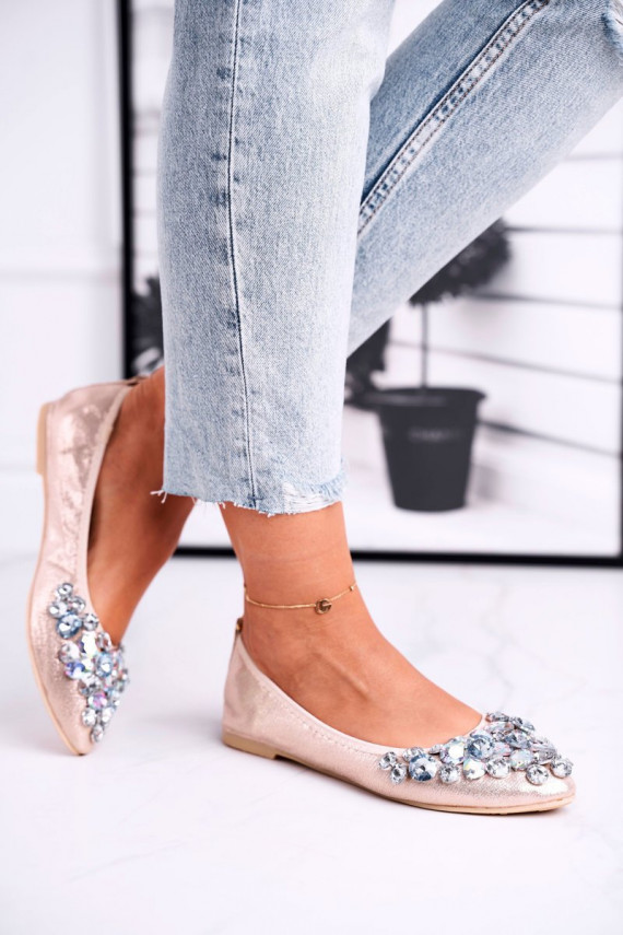 Leather Ballerinas With Decorative Stones Gold Crystal