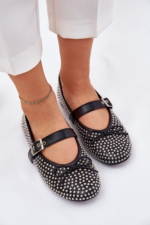 Embellished Ballet Flats With Bow And Strap Black Zdivisa