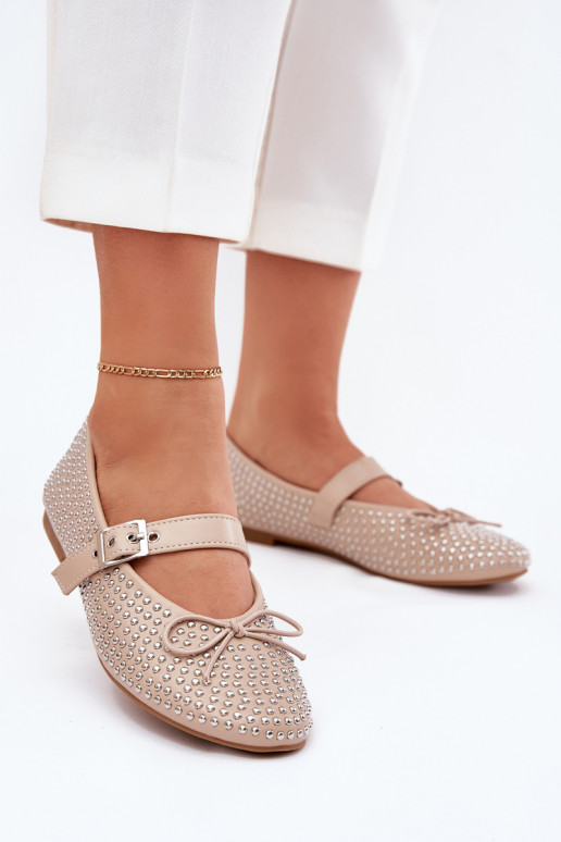 Embellished ballerinas with bow and strap beige Zdivisa