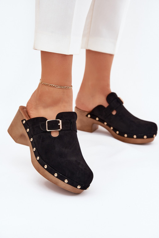 Women's Heeled Slippers With Buckle Black Veldexina