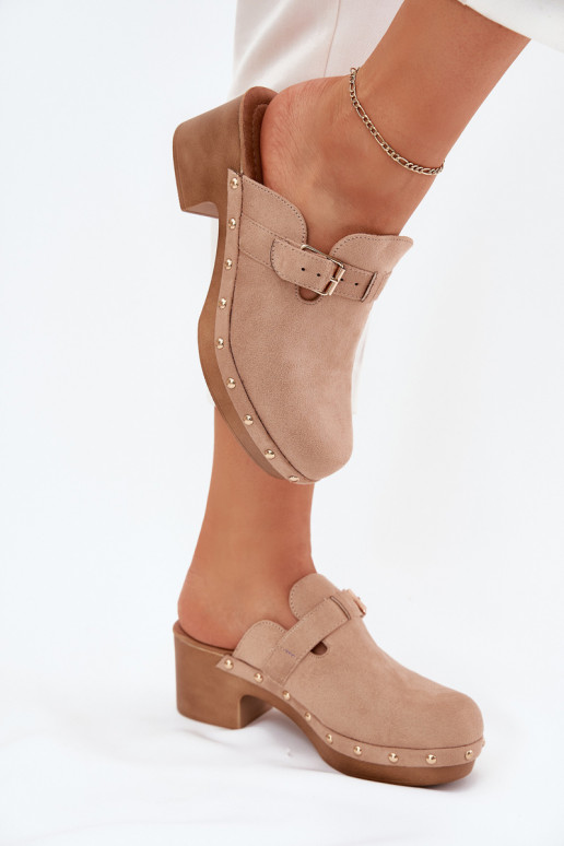 Women Sandals On Heel With Buckle Beige Veldexina