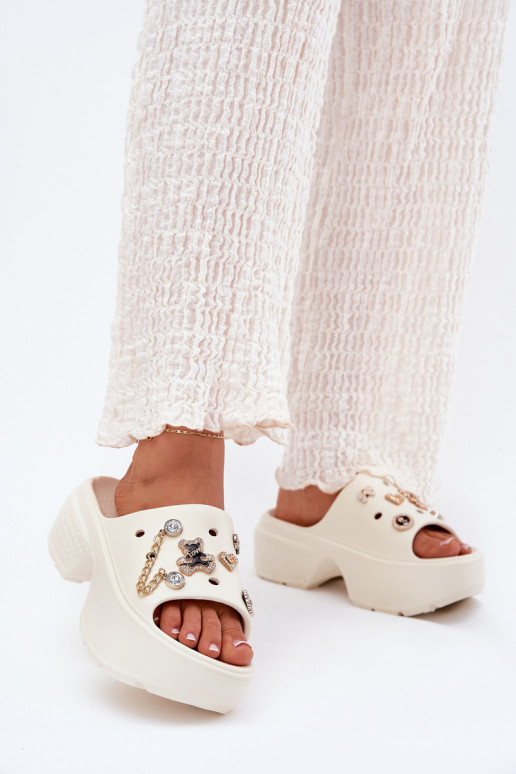 Foam Women's Slippers on a Massive Platform with Golden Accents Ecru Ivoriel