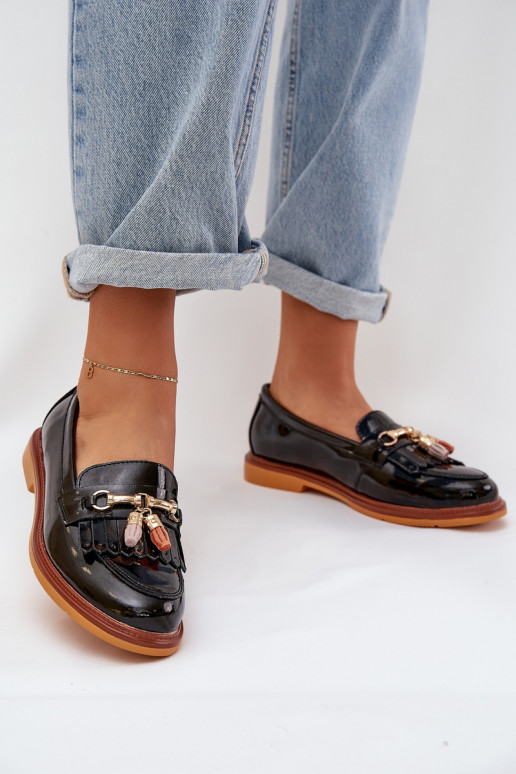 Lacquered Leather Elegant Loafers On Flat Heel S.Barski LR51-768A Black Lacquered Leather Elegant Loafers On Flat Heel S.Barski LR51-768A Black