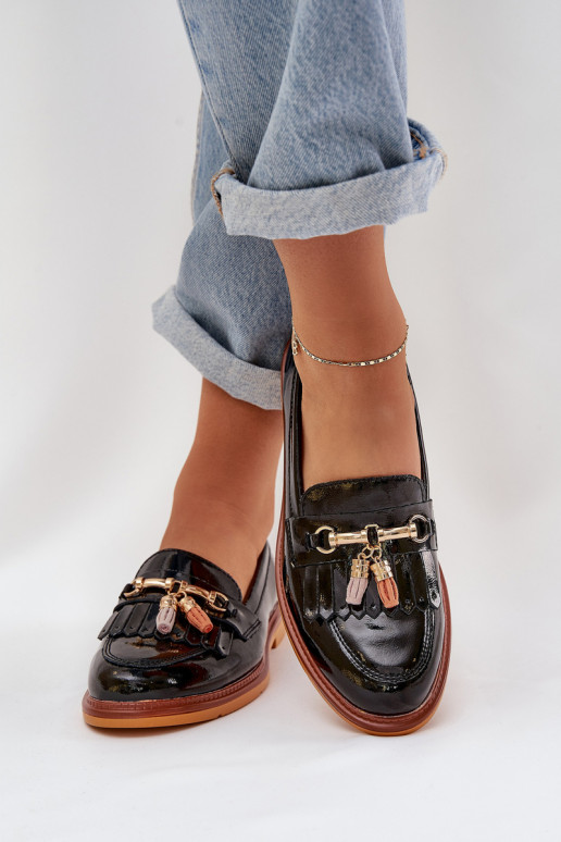 Lacquered Leather Elegant Loafers On Flat Heel S.Barski LR51-768A Black Lacquered Leather Elegant Loafers On Flat Heel S.Barski LR51-768A Black