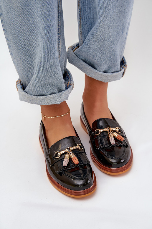 Lacquered Leather Elegant Loafers On Flat Heel S.Barski LR51-768A Black Lacquered Leather Elegant Loafers On Flat Heel S.Barski LR51-768A Black