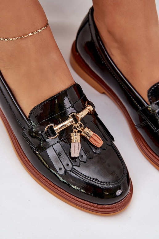 Lacquered Leather Elegant Loafers On Flat Heel S.Barski LR51-768A Black Lacquered Leather Elegant Loafers On Flat Heel S.Barski LR51-768A Black