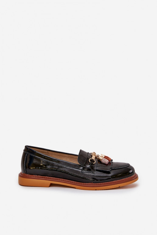 Lacquered Leather Elegant Loafers On Flat Heel S.Barski LR51-768A Black Lacquered Leather Elegant Loafers On Flat Heel S.Barski LR51-768A Black