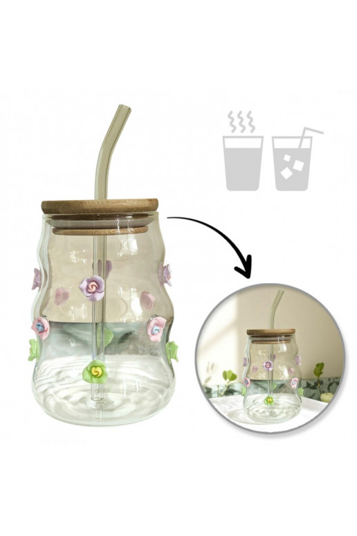 Szklanka withfalowanymi ściankami andkami 450 ml andsłomką andpokrywką SZK164
