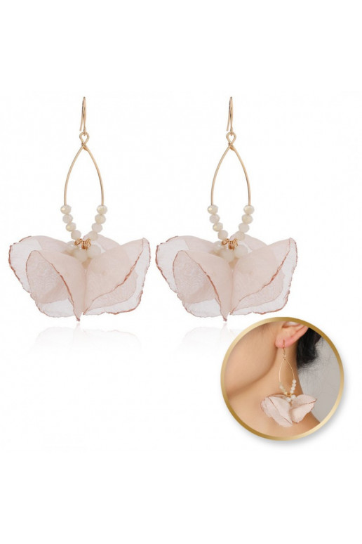 Dangling earrings, efektowne tiulowe withkoralikami pudrowe K1700