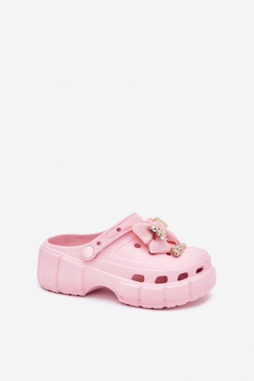 Girls Children's Foam Slippers With Bow And Decorations Pink Selvana