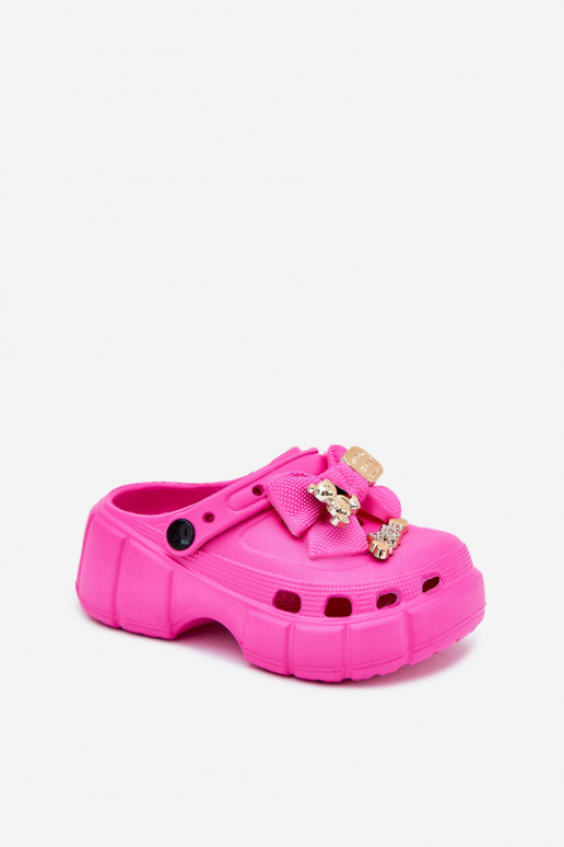 Girls Kids Foam Slippers With Bow And Decorations Fuchsia Selvana