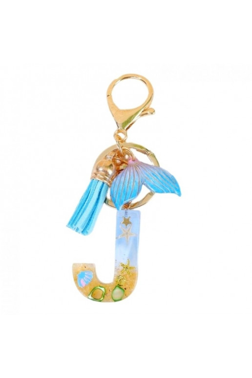 Keychain LITERKA "J" , MORSKI, ogon syreny, muszelki, frędzle BRL353J