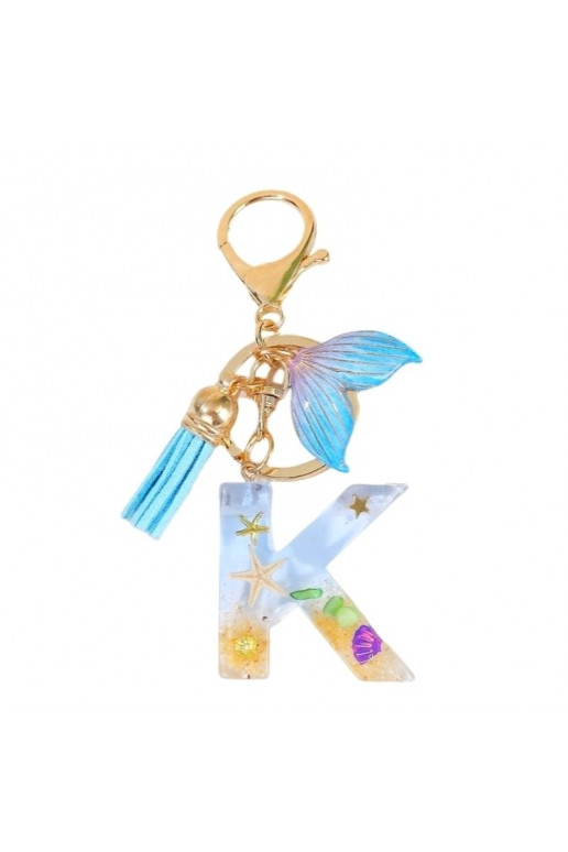 Keychain LITERKA "K" , MORSKI, ogon syreny, muszelki, frędzle BRL353K