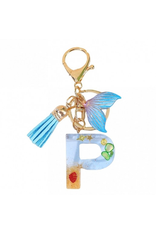 Keychain LITERKA "P" , MORSKI, ogon syreny, muszelki, frędzle BRL353P